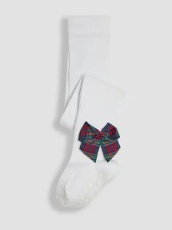 JoJo Maman Bébé White Tartan Cotton Rich Tights With Bows