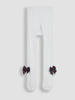JoJo Maman Bébé White Tartan Cotton Rich Tights With Bows