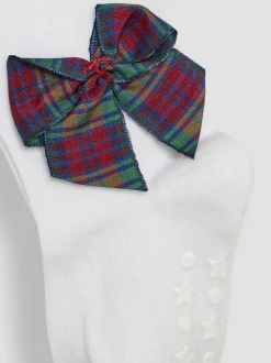 JoJo Maman Bébé White Tartan Cotton Rich Tights With Bows