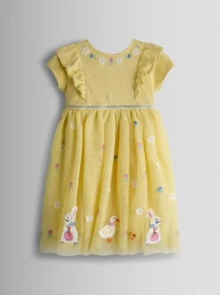 JoJo Maman Bébé Yellow Duck & Bunny Appliqué Tulle Party Dress