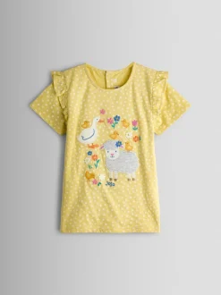 JoJo Maman Bébé Yellow Lamb Appliqué Frill Shoulder T-Shirt