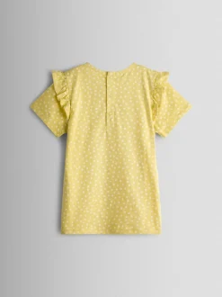 JoJo Maman Bébé Yellow Lamb Appliqué Frill Shoulder T-Shirt