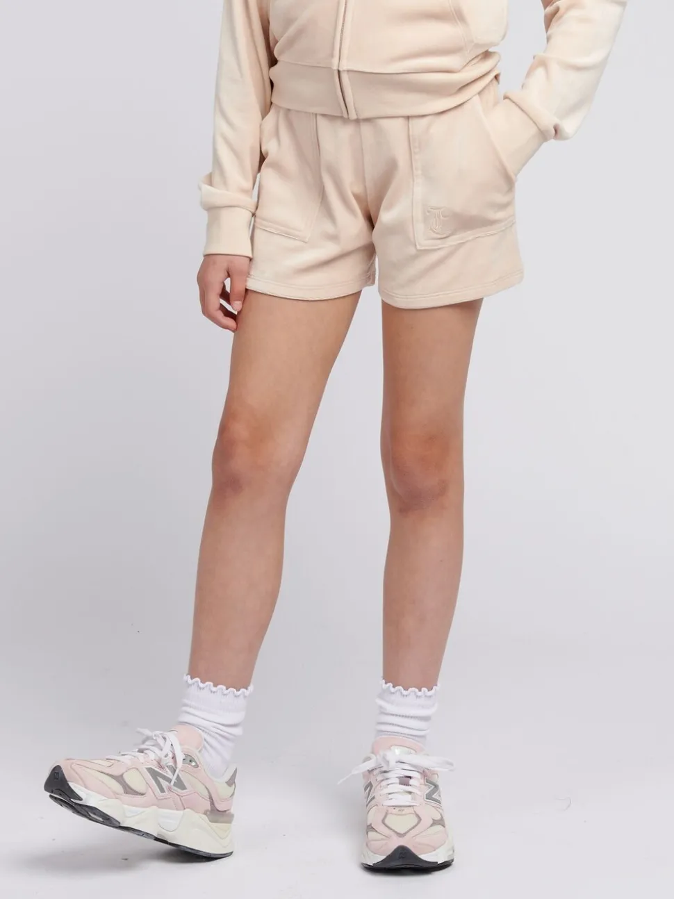 Juicy Couture Cream Girls Tonal Embroidered Velour Shorts