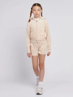 Juicy Couture Cream Girls Tonal Embroidered Velour Shorts