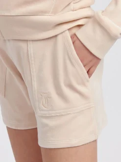 Juicy Couture Cream Girls Tonal Embroidered Velour Shorts
