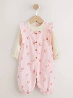 Light Pink Ditsy Baby Print Long Sleeve Bodysuit and Cord Dungarees Set 2 Piece (0mths-2yrs)