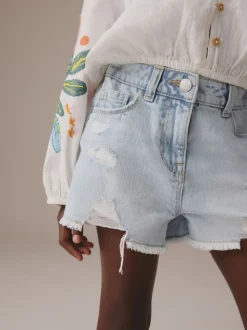 Light Blue 100% Cotton Frayed Edge Distressed Shorts (3-16yrs)