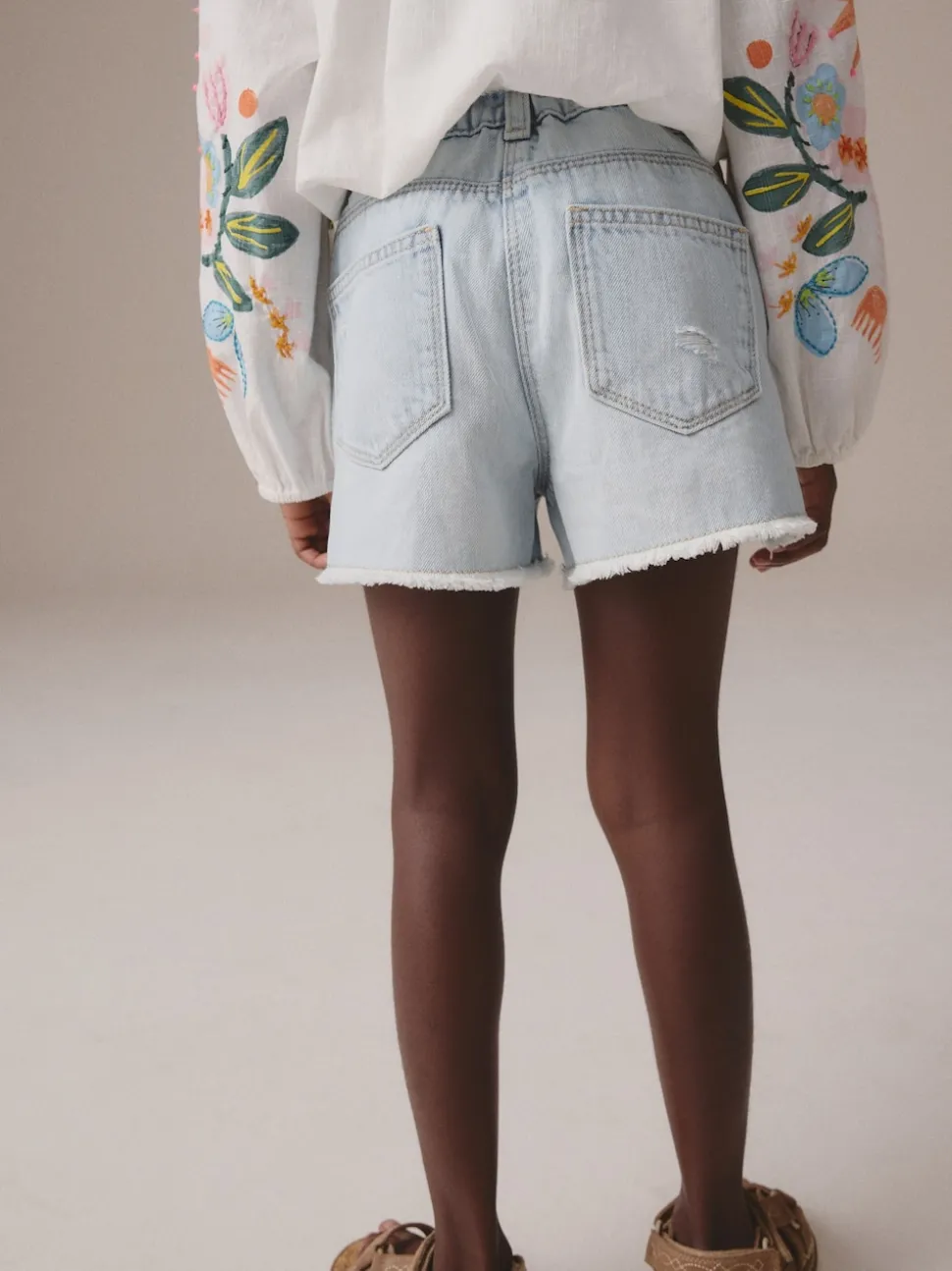 Light Blue 100% Cotton Frayed Edge Distressed Shorts (3-16yrs)