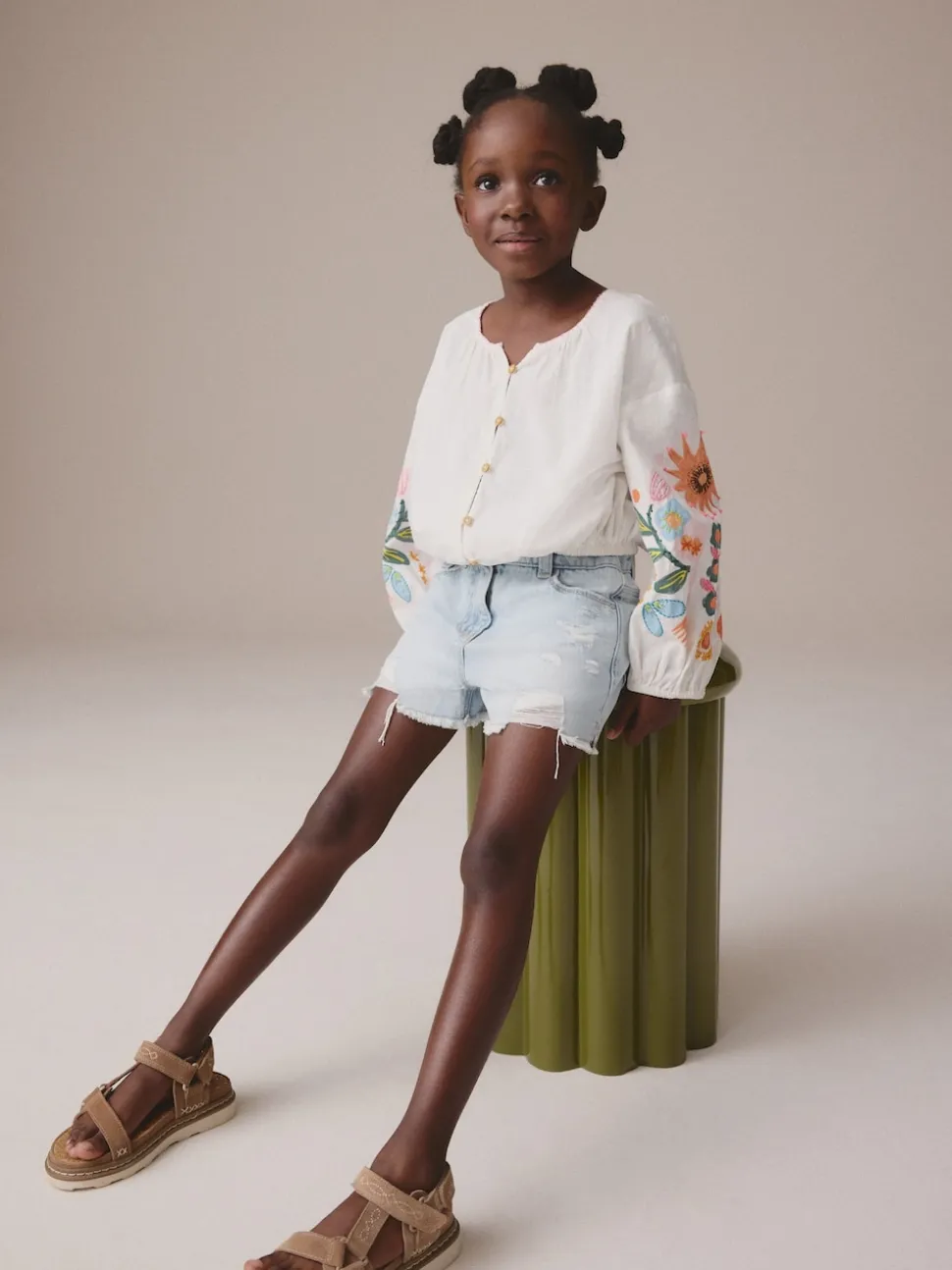 Light Blue 100% Cotton Frayed Edge Distressed Shorts (3-16yrs)