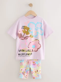 Lilac Purple Floral T-Shirt and Cycle Shorts Set (3-16yrs)