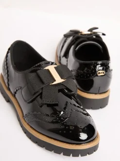 Lipsy Black Patent Bow Detail Brogue School Velcro Strap Shoes