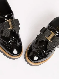 Lipsy Black Patent Bow Detail Brogue School Velcro Strap Shoes