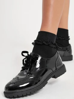 Lipsy Black Standard Fit (F) Clean Lace Up Chunky Brogue School Shoes