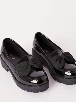 Lipsy Black Wide Fit (G) Patent Chunky Bow Slip On Loafer School Shoes