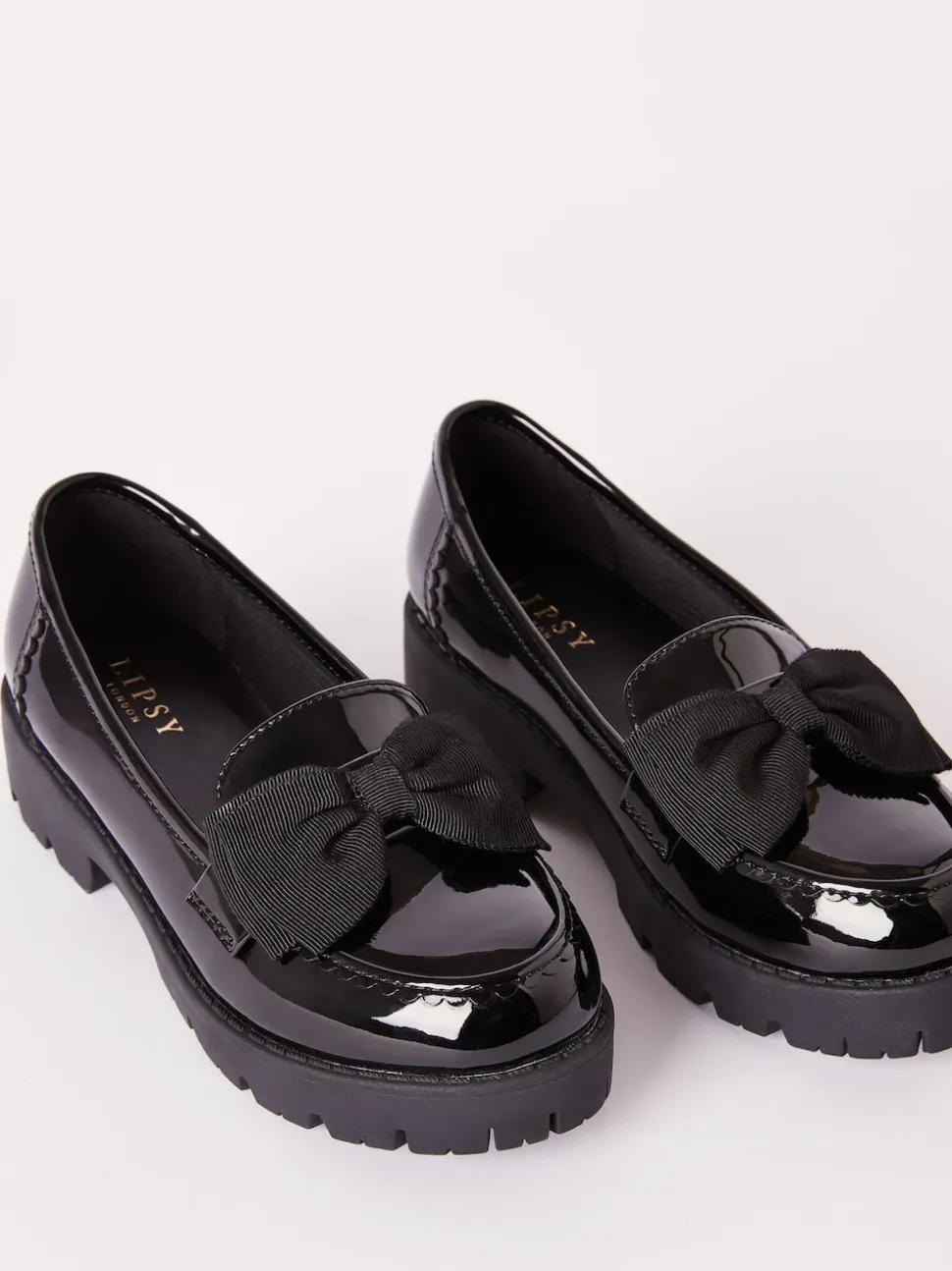 Lipsy Black Wide Fit (G) Patent Chunky Bow Slip On Loafer School Shoes