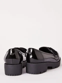 Lipsy Black Wide Fit (G) Patent Chunky Bow Slip On Loafer School Shoes