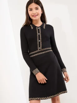 Lipsy Black/Animal Long Sleeve Knitted Shirt Dress (5-16yrs)