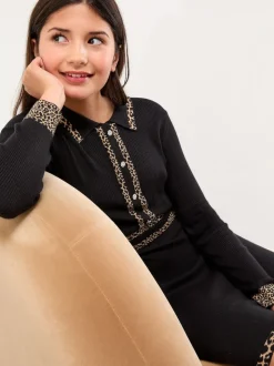 Lipsy Black/Animal Long Sleeve Knitted Shirt Dress (5-16yrs)