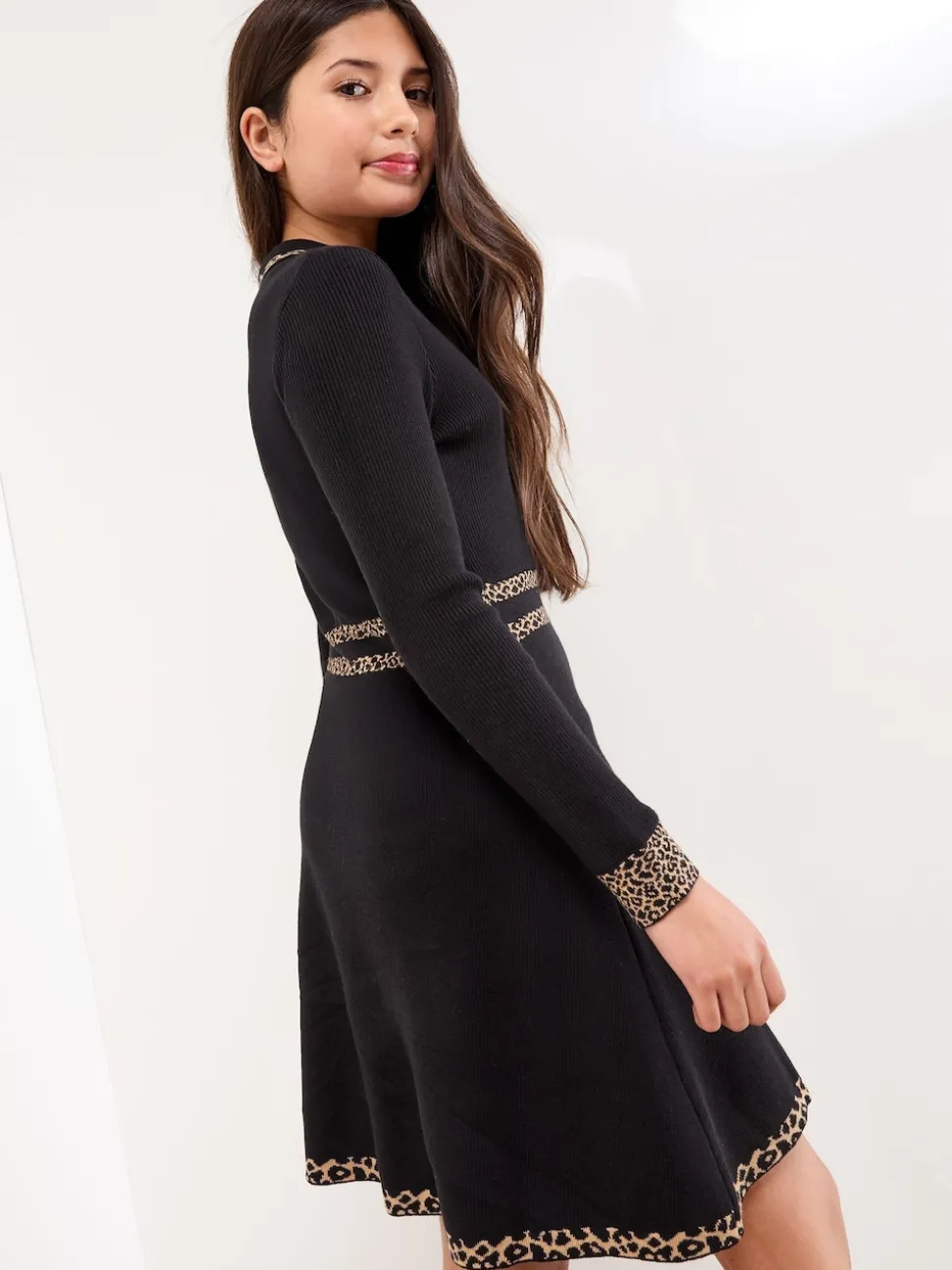 Lipsy Black/Animal Long Sleeve Knitted Shirt Dress (5-16yrs)