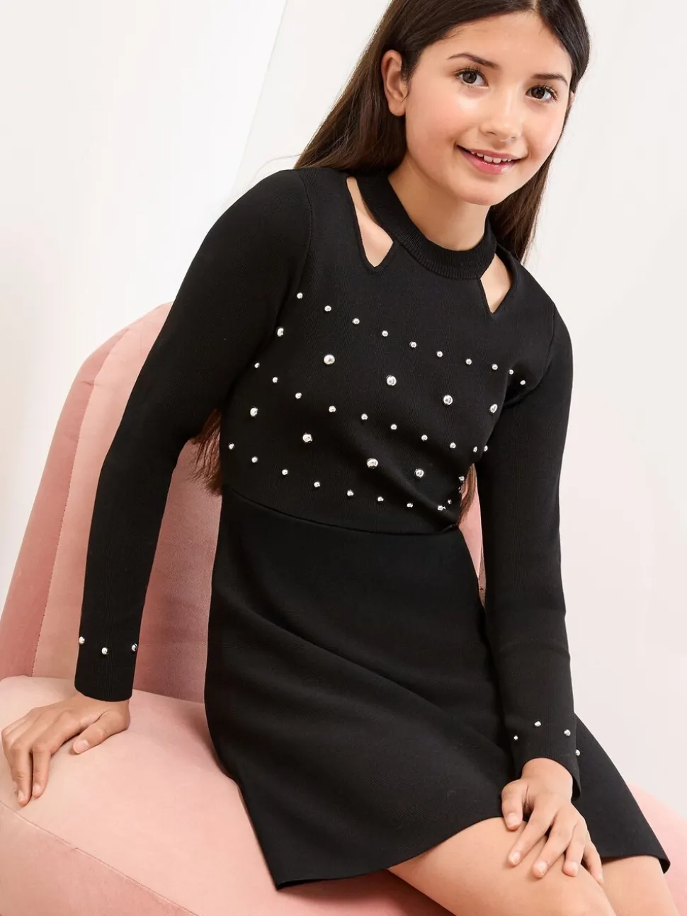 Lipsy Black Cold Shoulder Embellished Knit Dress (5-16yrs)