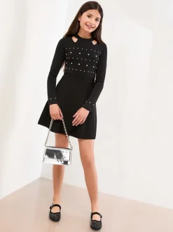 Lipsy Black Cold Shoulder Embellished Knit Dress (5-16yrs)