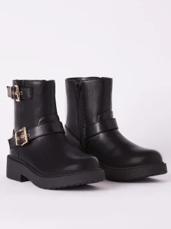 Lipsy Black Gold Buckle Biker Faux Leather Flat Ankle Boots