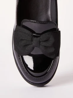 Lipsy Black Narrow Fit (E) Patent Chunky Bow Slip On Loafer School Shoes