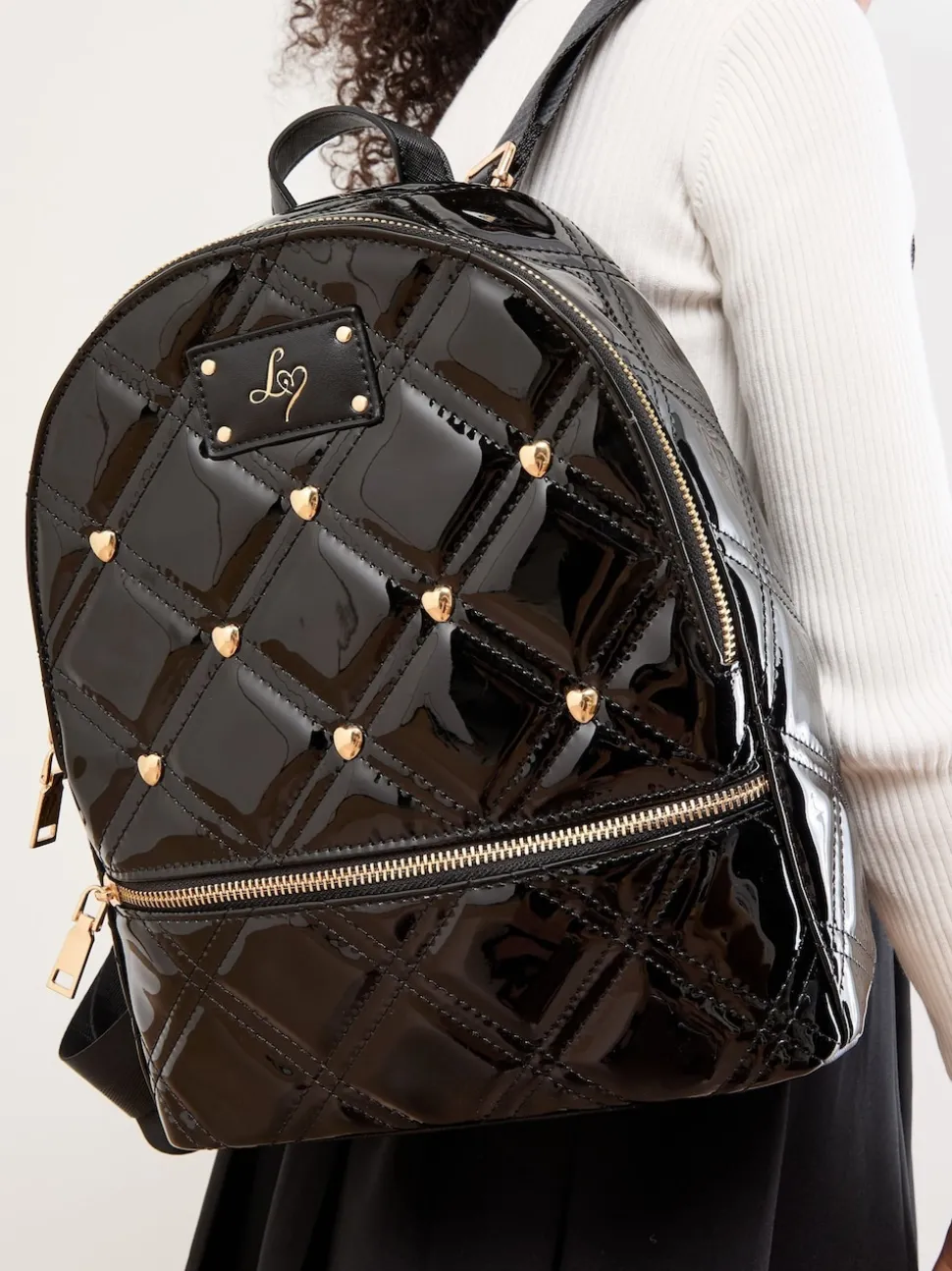 Lipsy Black Patent Quilted School Backpack