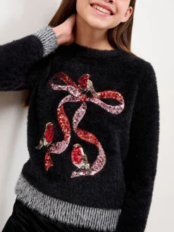 Lipsy Black Robin Bow Christmas Crew Neck Cosy Knitted Jumper (5-16yrs)