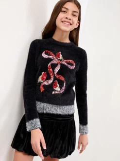 Lipsy Black Robin Bow Christmas Crew Neck Cosy Knitted Jumper (5-16yrs)