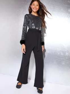 Lipsy Black Sequin Faux Fur Cuff Party Jumpsuit (5-16yrs)