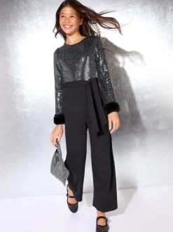 Lipsy Black Sequin Faux Fur Cuff Party Jumpsuit (5-16yrs)