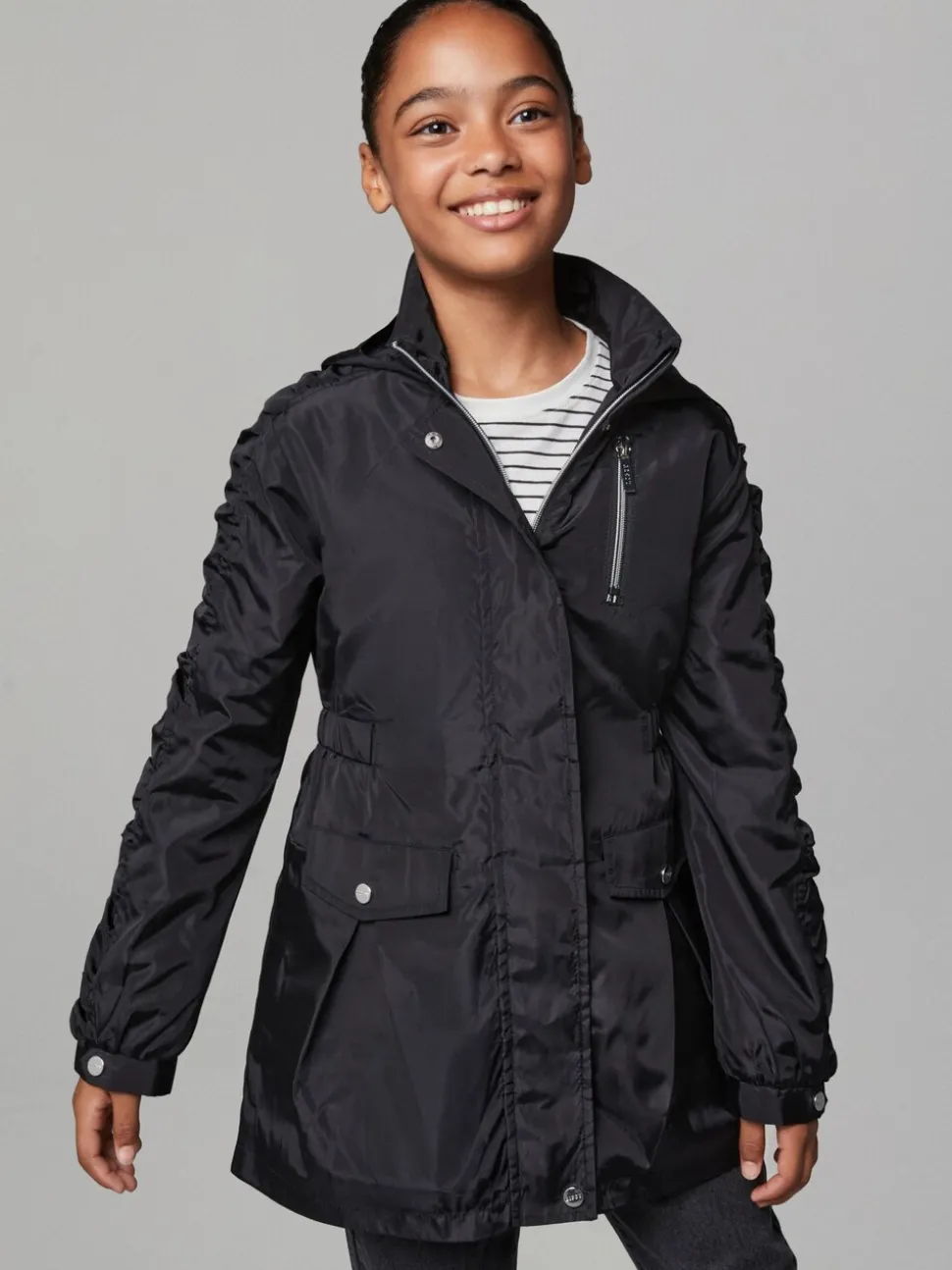 Lipsy Black Shower Resistant Lightweight Ruched Raincoat (5-14yrs)