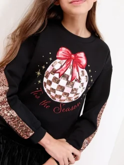Lipsy Black Sparkle Season Christmas Crew Neck Jumper (5-16yrs)