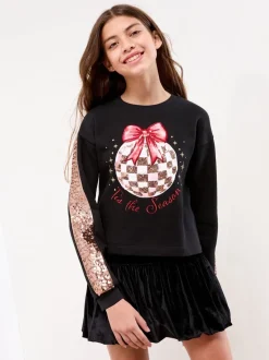 Lipsy Black Sparkle Season Christmas Crew Neck Jumper (5-16yrs)