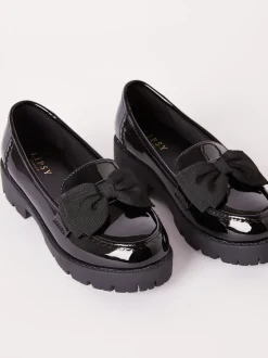 Lipsy Black Standard Fit (F) Patent Chunky Bow Slip On Loafer School Shoes