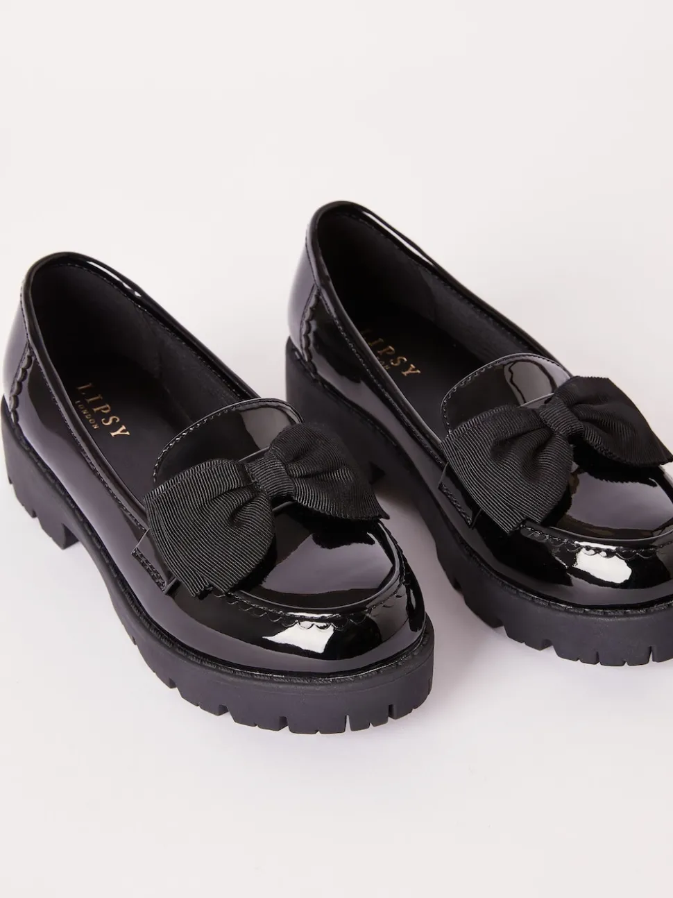 Lipsy Black Standard Fit (F) Patent Chunky Bow Slip On Loafer School Shoes