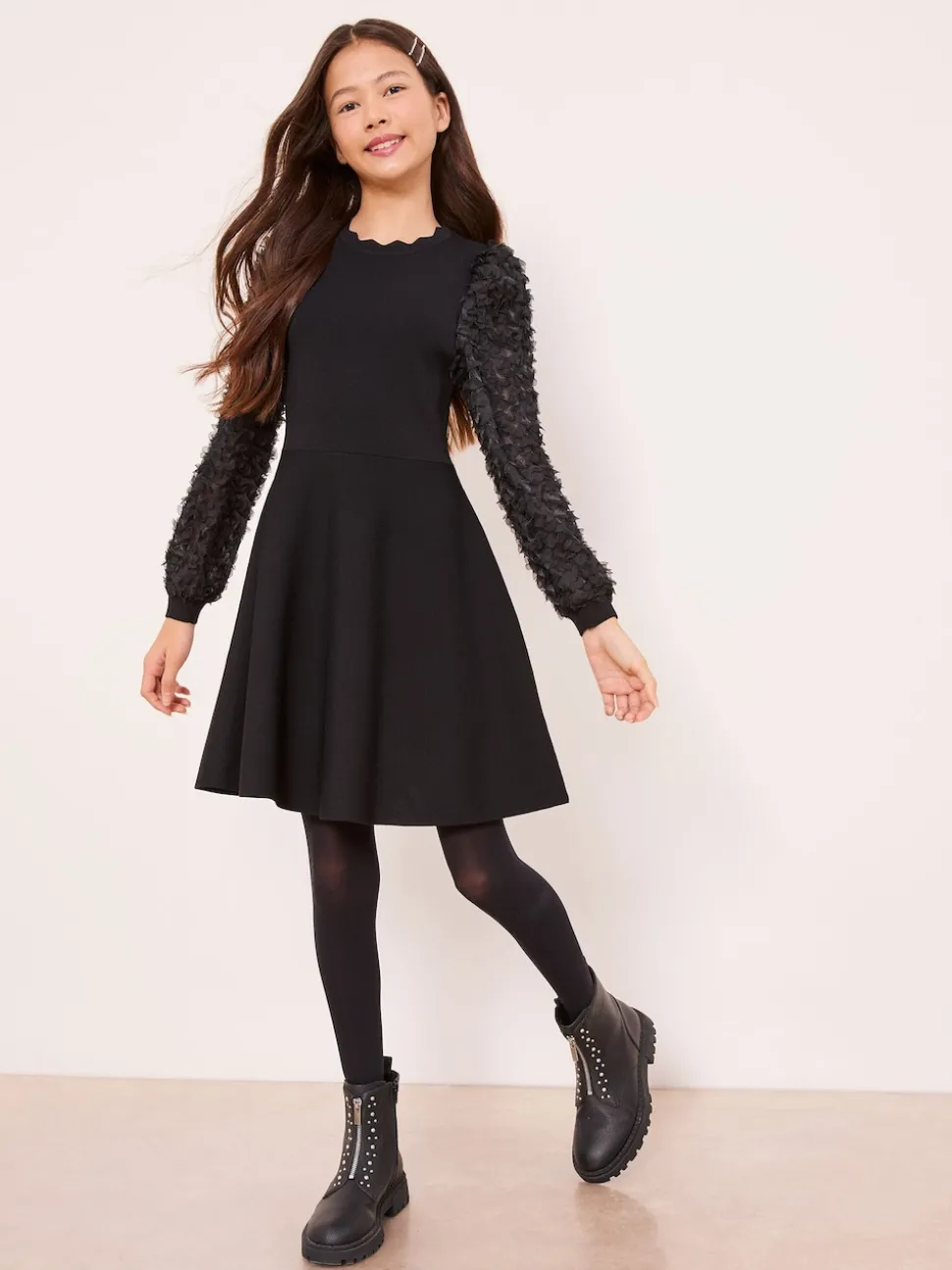 Lipsy Black Textured Sleeve Knit Dress (5-16yrs)