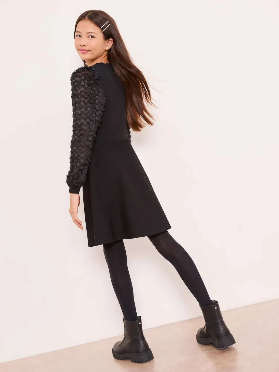 Lipsy Black Textured Sleeve Knit Dress (5-16yrs)