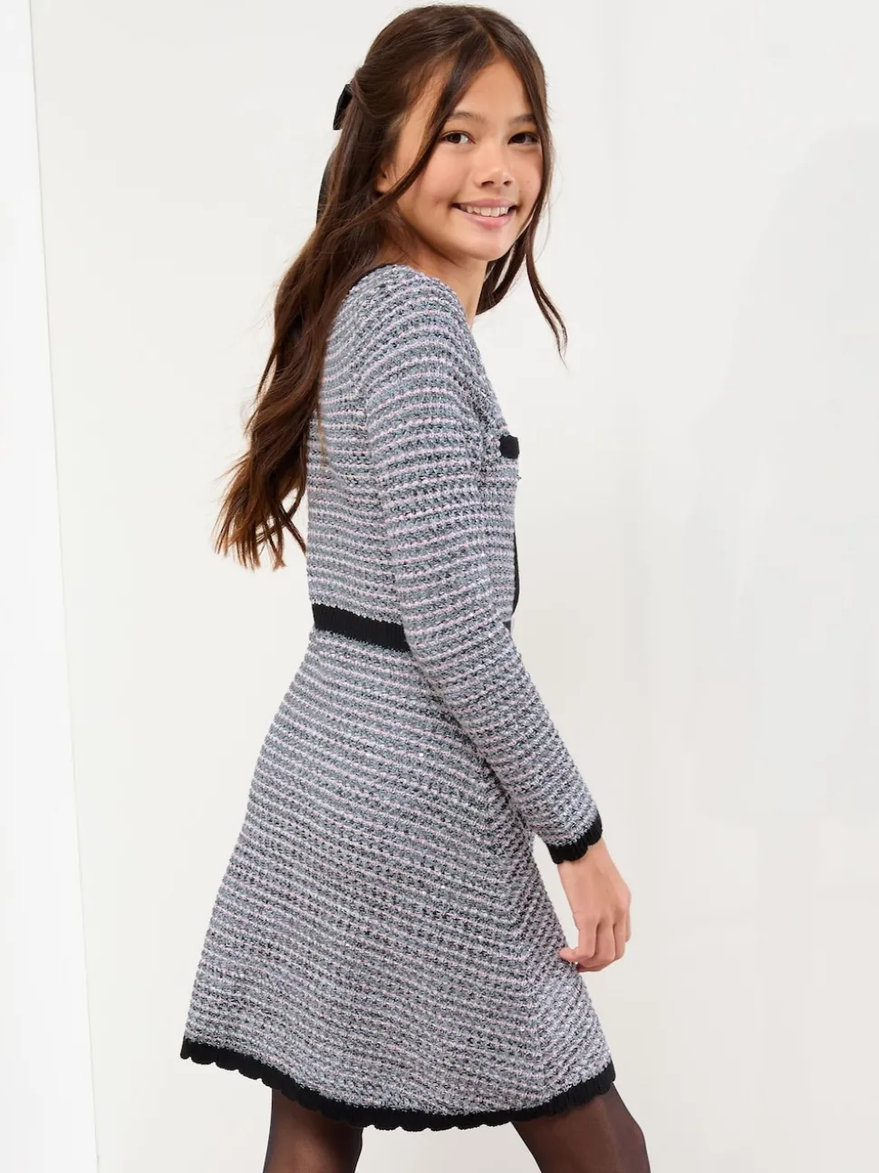 Lipsy Blue/Black Boucle Button Through Knit Dress (5-16yrs)