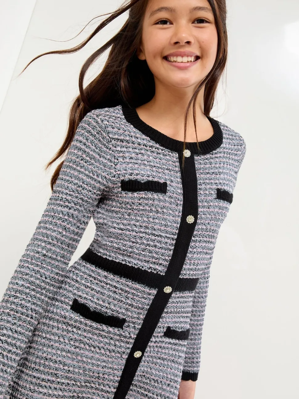 Lipsy Blue/Black Boucle Button Through Knit Dress (5-16yrs)