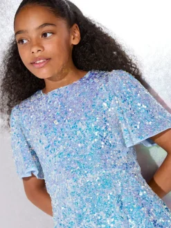 Lipsy Blue Sequin Bubble Hem Party Dress (5-16yrs)