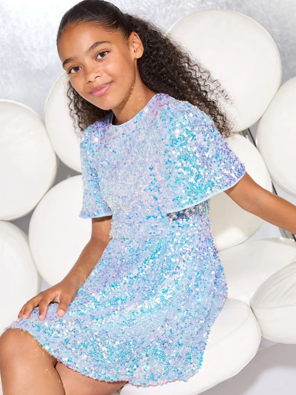 Lipsy Blue Sequin Bubble Hem Party Dress (5-16yrs)