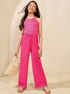 Lipsy Bright Pink Halter Crochet Corsage Holiday Shop Jumpsuit (5-16yrs)