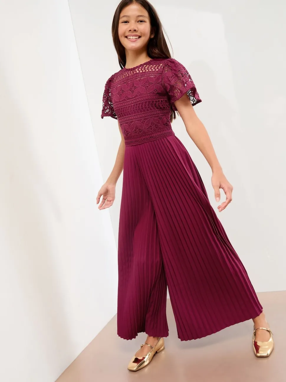 Lipsy Burgundy Red Flutter Sleeve Lace Occasion Jumpsuit (5-16yrs)