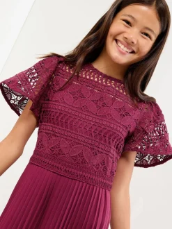 Lipsy Burgundy Red Flutter Sleeve Lace Occasion Jumpsuit (5-16yrs)