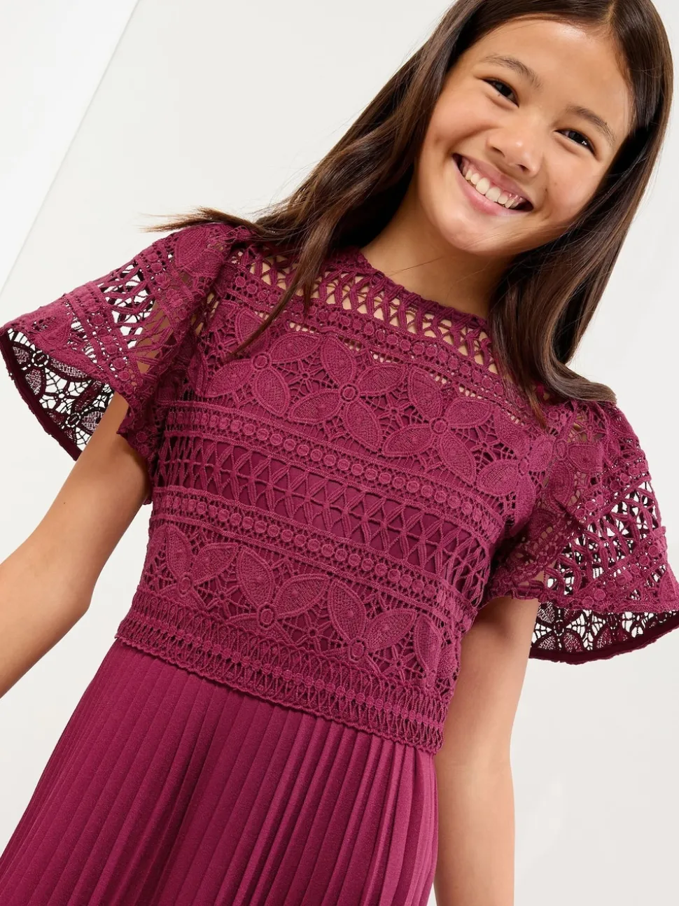 Lipsy Burgundy Red Flutter Sleeve Lace Occasion Jumpsuit (5-16yrs)