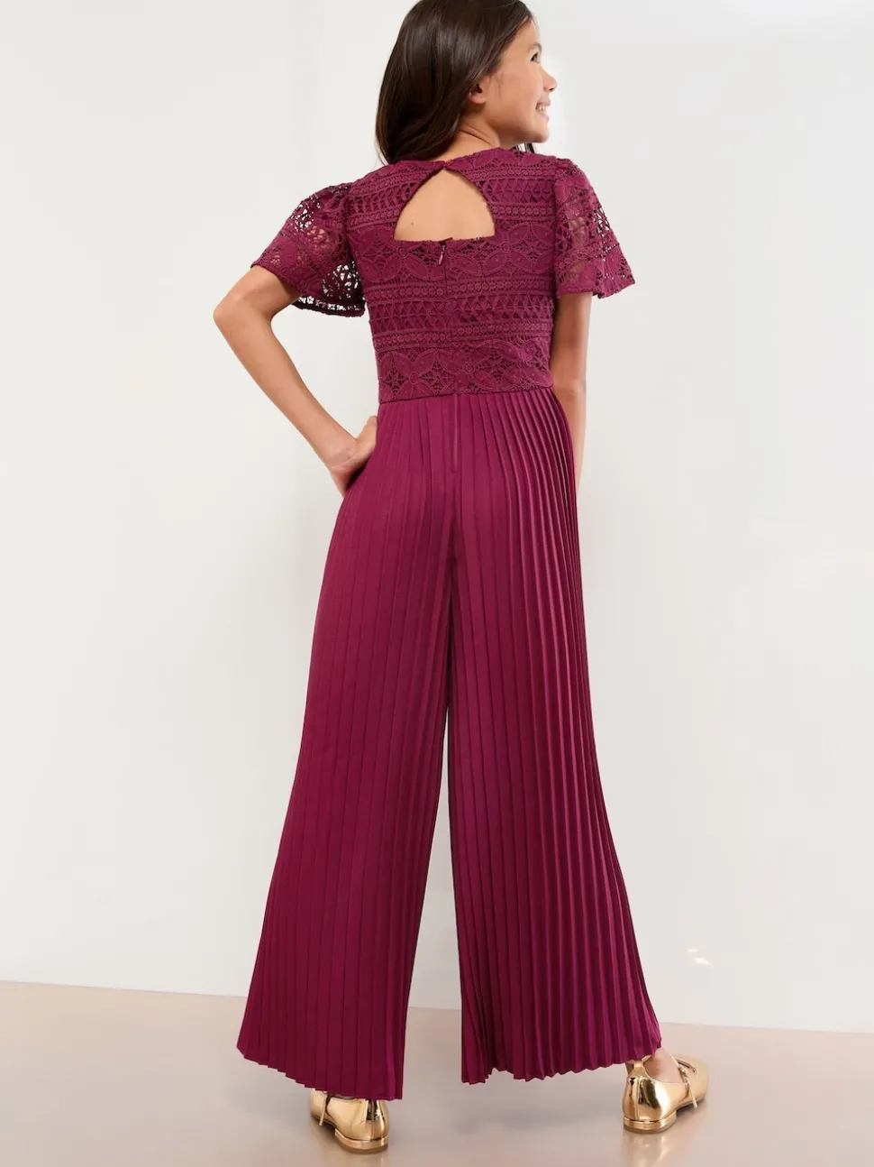 Lipsy Burgundy Red Flutter Sleeve Lace Occasion Jumpsuit (5-16yrs)