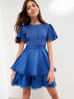 Lipsy Cobalt Blue Lace Angel Sleeve Scuba Occasion Dress (5-16yrs)