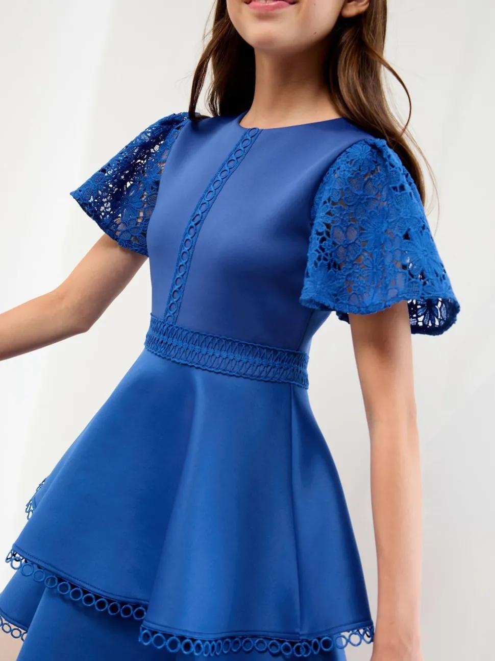 Lipsy Cobalt Blue Lace Angel Sleeve Scuba Occasion Dress (5-16yrs)